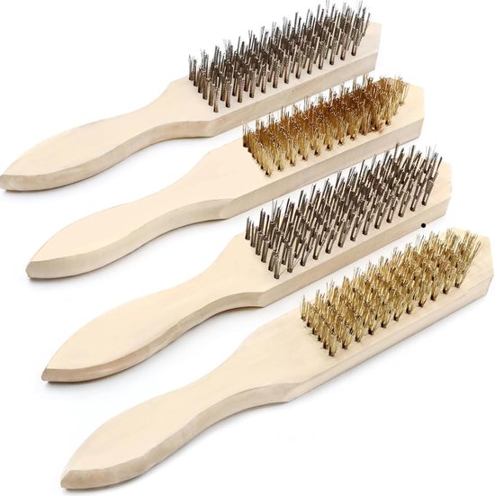 Set Mit 4 Metallbürsten, Messingbürste Mit Holzgriff, Zur Reinigung Von Rost, Grillresten Und Schmutz