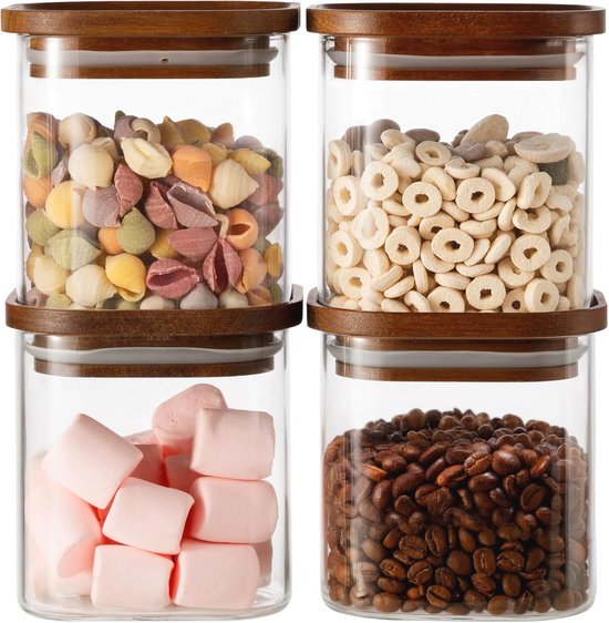 4-teiliges Set Vorratsgläser 800 Ml Mit Holzdeckeln Luftdichte Behälter Aus Borosilikatglas Stapelbare Vorratsgläser Quadratische Vorratsbehälter
