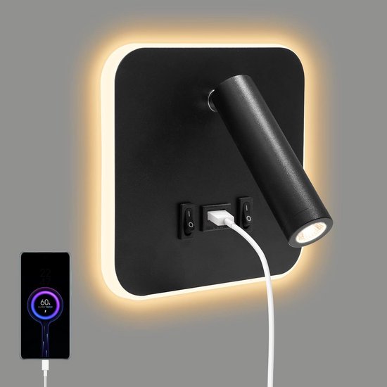 Quadratische 3-in-1-led-wandleuchte Mit Usb-ladeanschluss Und Schalter