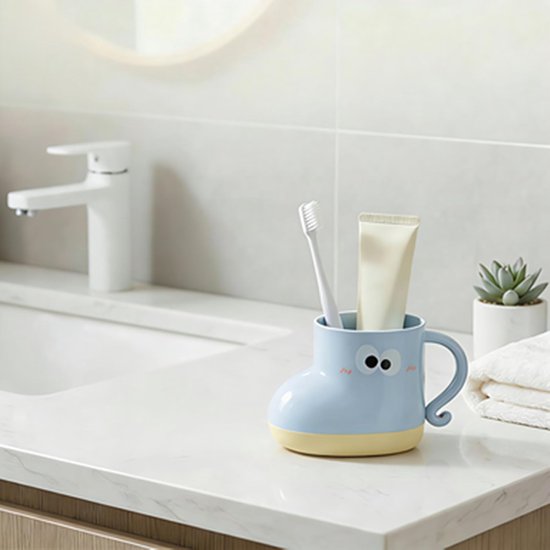 Kinderzahnbürstenhalter Wiederverwendbarer Tropffreier Badezimmerbecher Mit Griff Niedlicher Mundspülbecher Mit Cartoon-motiv Aufbewahrungsbecher Blau
