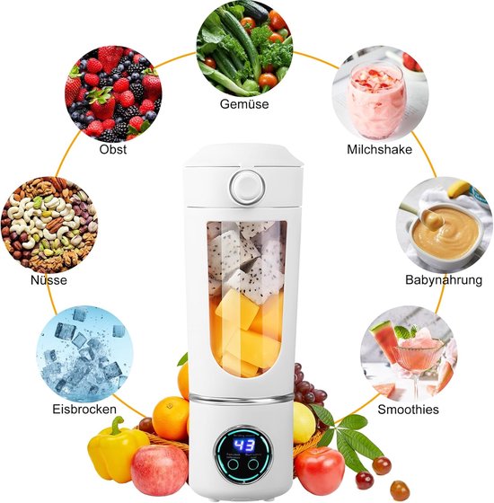 Tragbarer Mixer Mini-blender Kleiner Entsafter Smoothie-maker Mit Silikonstrohhalm 12 Edelstahlklingen Und Digitalanzeige Wiederaufladbarer Mit 700 Ml