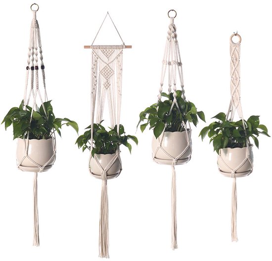 Handgewebte Hängeampeln Aus Baumwolle Ideal Für Drinnen Und Draußen Im Garten Auf Dem Balkon Der Terrasse Oder Der Fensterbank Cremeweiß 4er-set