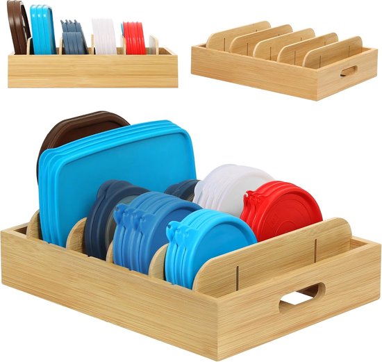 Deckelorganizer Aus Bambus Für Plastikdeckel Schubladenorganizer Und Aufbewahrung Für Topf Und Pfannendeckel Lebensmittelbehälter 5 Verstellbare