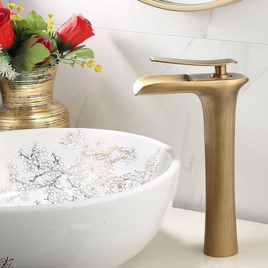 Waschtischarmatur – Wasserfall-optik In Gebürstetem Gold, Mit Schlauchanschluss Und Pop-up-ablauf, Einhebelmischer