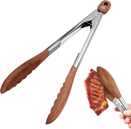 Robuste Küchenzange Aus Walnussholz Und Edelstahl, Hitzebeständige Grillzange Zum Kochen, Braten Und Grillen, Ideal Für Hobbyköche Und Profis