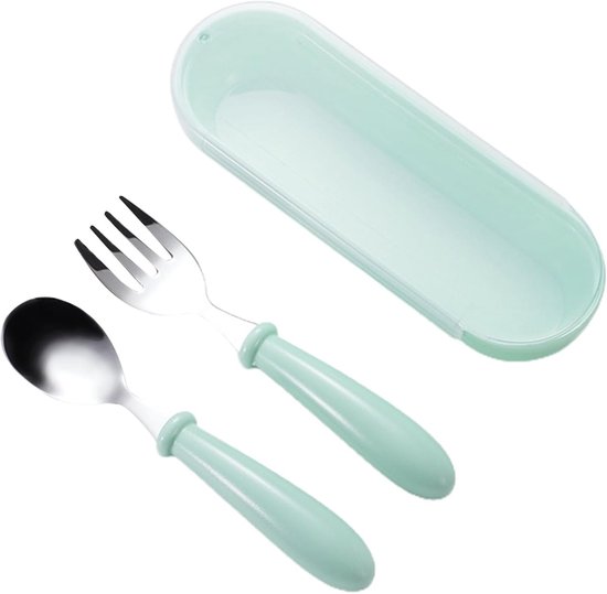 Kinderbesteck-set – 3-teilig – Gabel, Löffel, Aufbewahrungsbox – Edelstahl – Silikongriff