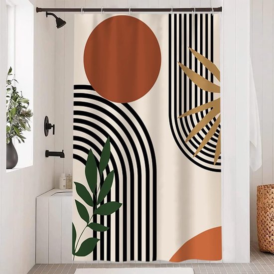 Abstrakter Duschvorhang – Terrakotta, Geometrische Schwarze Linien, Schimmelresistent, Wasserdicht, Waschbar, Polyester, 120 X 180 Cm, Mit Haken