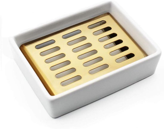 Seifenschale - Zweistöckiger Seifenhalter Aus Goldfarbenem Edelstahl Mit Keramikschale Und Rutschfestem Silikon (a)