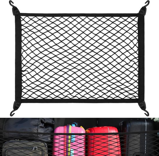 Kofferraumnetz – Gepäcknetz Fürs Auto – 60 X 40 Cm – Universelles Autonetz Mit 4 Stabilen Haken – Superelastischer Organizer – Autozubehör