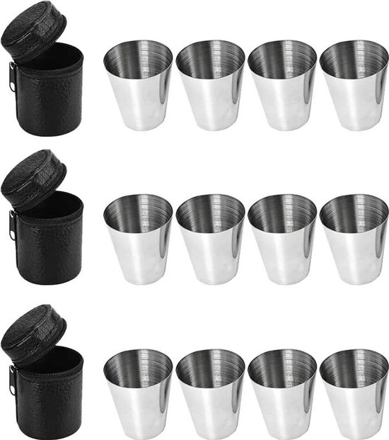 Ein Set Aus 12 Wiederverwendbaren, Stapelbaren Mini-gläsern Aus Edelstahl – 30 Ml, Perfekt Zum Trinken Von Wodka Oder Tequila.