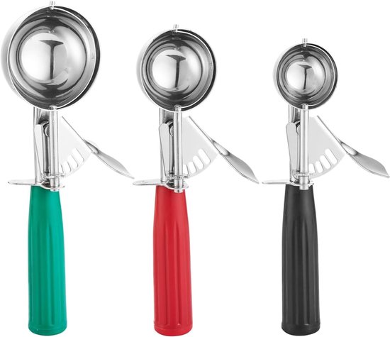 Drei Eiskugelportionierer Aus Edelstahl – Groß, Mittel Und Klein. Backspezialitäten (cupcake-portionierer) – Grün, Rot Und Schwarz.