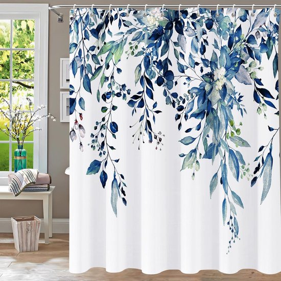 Duschvorhang Mit Blauem Eukalyptusmuster Fürs Badezimmer - Wasserdicht, Aquarell-blattdesign, Mit Haken (183 X 182 Cm)
