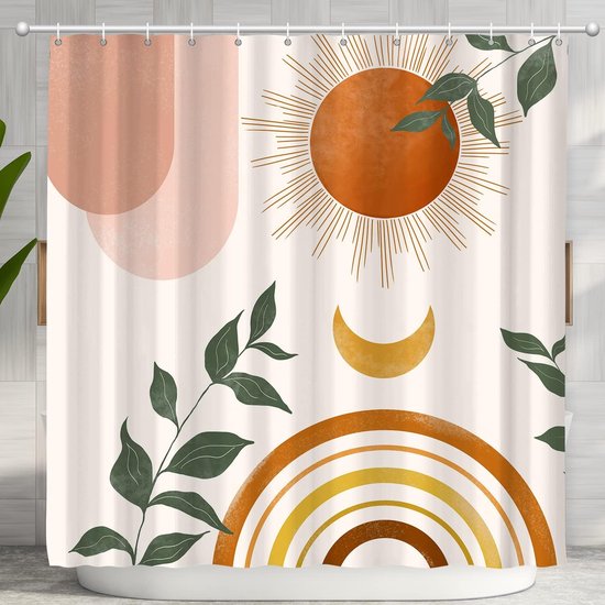 Duschvorhang-set Im Mid-century-boho-stil Orange Mit Naturmotiven In Rosa Und Grün Blätter Und Sonne Modern Und Minimalistisch Inklusive 12 Haken 183