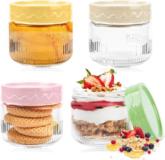 Set Mit 4 Wiederverwendbaren Glasbehältern Für Overnight Oatmeal Und Mehr, 250 Ml.