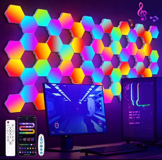 Sechseckige Led-wandleuchte Rgb – Musiksynchronisation & 16 Millionen Farben – Smart-app-beleuchtung – 20 Sechseckige Paneele – Gaming – Spielzimmer