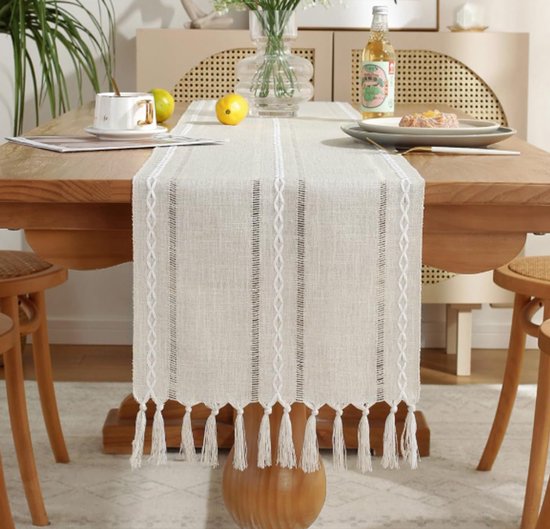 Handgewebter Tischläufer Mit Quasten 300 X 33 Cm Große Cremefarbene Tischdecke Schlichte Moderne Tischdecke Lange Tischdecke Aus Baumwolle Und