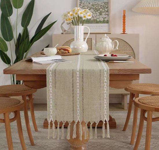 Handgewebter Tischläufer Mit Quasten, Mandelgelbe Tischdecke 200 X 33 Cm, Schlichte, Moderne Tischdecke, Lange Tischdecke Aus Baumwolle Und Leinen