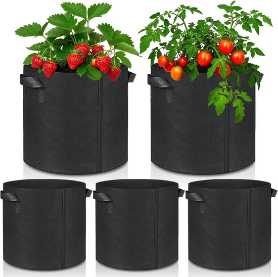 Set Mit 5 20-liter-pflanzsäcken Aus Stoff Mit Stabilen Griffen Pflanzsäcke Für Den Außenbereich Für Kartoffeln Tomaten Und Blumen Schwarz 5