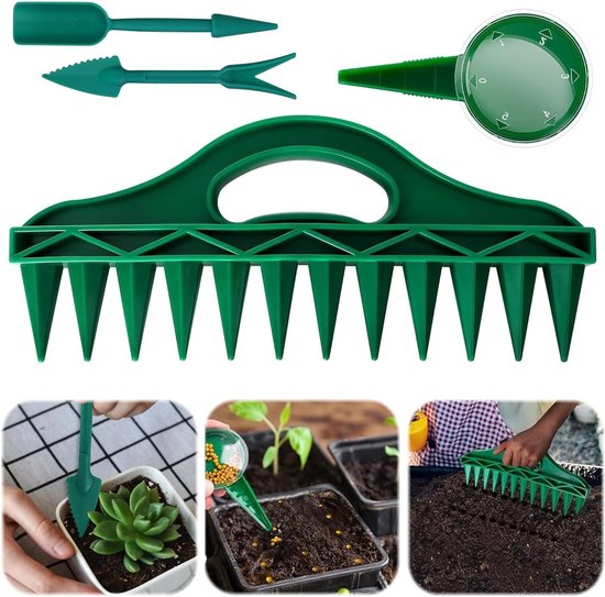Allecto Plus 4-teiliges Set Für Gartenbau Und Aussaat 12-loch-pflanzhilfe Saatgutspender Mit Verstellbarem Manuellem Pflanzaufsatz Pflanzgabel