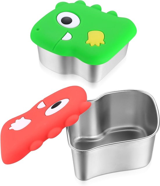 Set Mit 2 Salatdressingbehältern (260 Ml) Mit Dinosaurier-silikondeckeln, Edelstahl-snackboxen Und Aufbewahrungsgläsern Für Saucen Und Dips