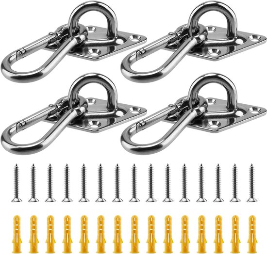 Ösenplatten Mit Karabinerhaken – Befestigungshaken Für Sonnensegel – Befestigung Von Sonnensegeln – Edelstahl – 4er-set – Silber