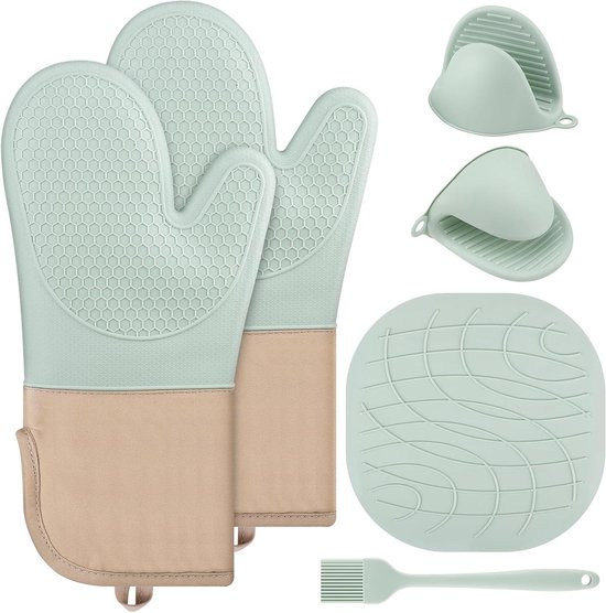 Ofenhandschuh-set – Topflappen – Sicher Kochen – Hitzebeständiges Silikon – 6-teilig – Mintgrün