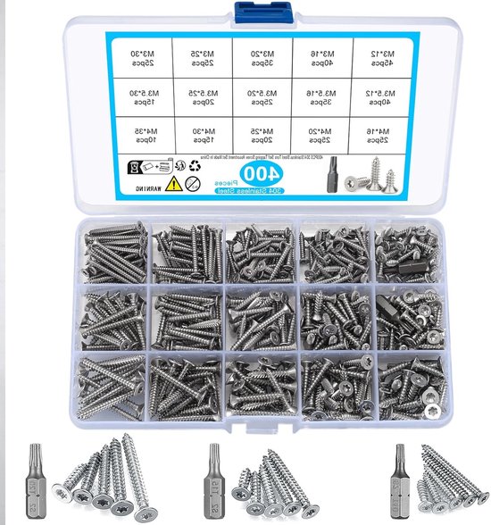 Sortiment Mit 400 Selbstschneidenden Schrauben Senkkopf-torx-schrauben Aus Edelstahl Für Holz Und Gipskarton M3 M3 5 M4 12 35 Mm Langlebig Und