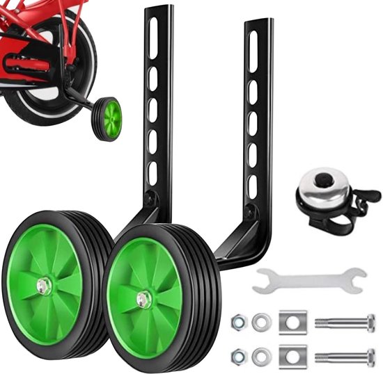 Stützräder Für Kinderfahrräder (set Mit Grünen Rädern, Klingel Und Schraubenschlüssel) – Universell Verstellbar, Für Fahrräder Von 12 Bis 20 Zoll