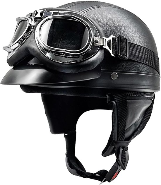Halbhelm Im Retro-stil Handgefertigt Aus Deutschem Leder Mit Schnellverschluss Und Schutzbrille Zugelassener Offener Vintage-motorradhelm Für Und