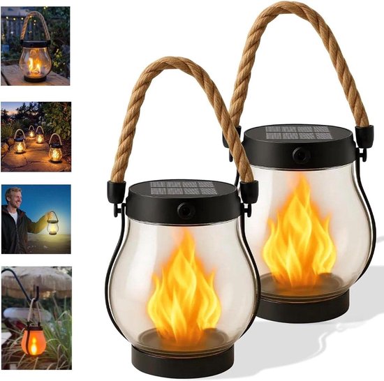 2-teiliges Solarlaternen-set Für Den Außenbereich 12 13 Cm Solarlaterne Mit Tanzender Flamme Laternen Aus Hanfseil Geeignet Für Camping Terrassen