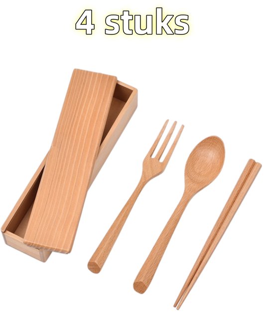 4-teiliges Besteckset Tragbares Besteckset Essstäbchen Löffel Gabel Tragbares Besteck 3-teiliges Set Für Eine Person 21 Cm 5 Cm Holzfarbe