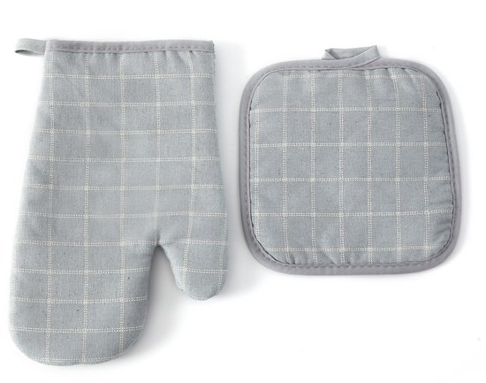 Grau Kariertes Ofenhandschuh- Und Topflappen-set – 2-teilig Hitzebeständig, Stilvoll Und Abwaschbar Für Küche, Backen Und Grillen