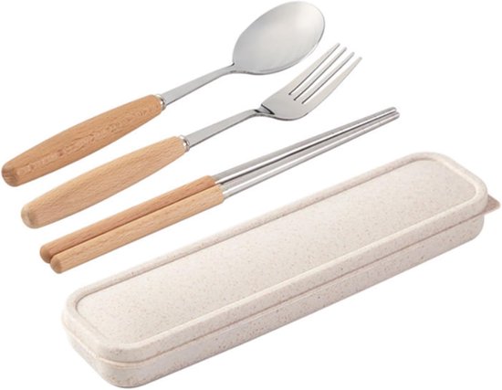 Besteck Wie Zum Beispiel Gabeln Japanische Essstäbchen Und Löffel Aus Holz Tragbare Edelstahl-bestecksets Für Schüler Dreiteilige Löffelsets Und