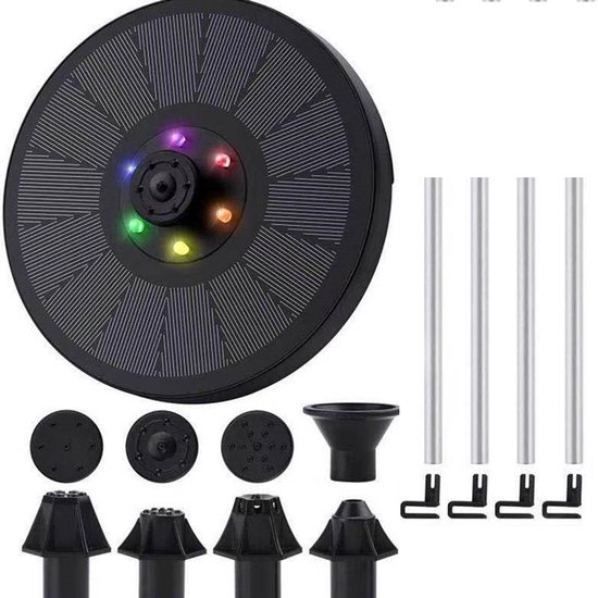Solarbrunnen – 7 Düsen – 3-w-solar-vogelbadpumpe Mit 900-mah-akku – 6 Led-leuchten – Für Garten, Teich, Pool Oder Vogelbad – Durchmesser 160 Mm