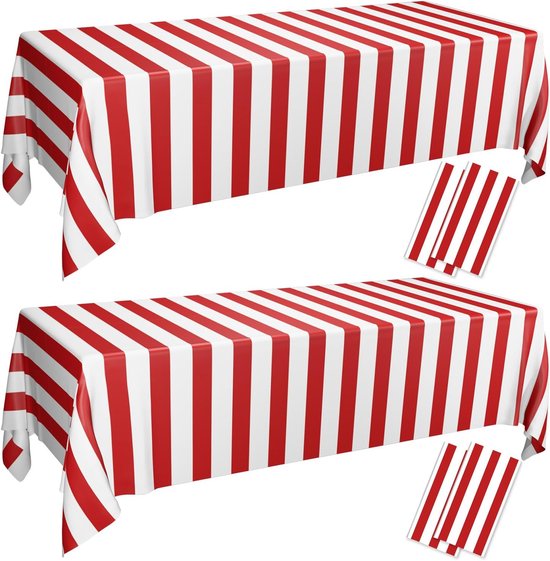 Set Mit 4 Partytischdecken Mit Rot-weiß Gestreiftem Muster (137 X 274 Cm) – Fleckenabweisend, Wiederverwendbar, Für Karneval, Jahrmarkt Und Picknicks
