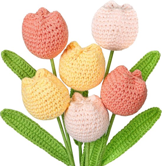 6 Handgefertigte, Gehäkelte Tulpensträuße – Weiche Kunstblumen Zum Dekorieren Und Verschenken