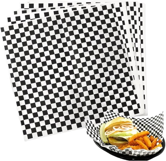 Dailygoods – Backpapier, 100 Blatt – Wasserfest – Ölbeständig – Antihaftbeschichtet – Fettfrei – Schwarz-weiß Kariert, 18 X 18 Cm – Feinkostpapier