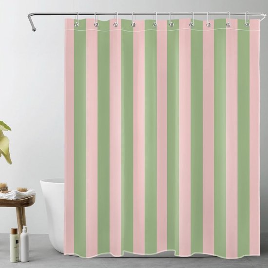 Trendiger, Gestreifter Duschvorhang In Rosa Und Grün – Wasserdicht Und Dekorativ – 182 X 152 Cm