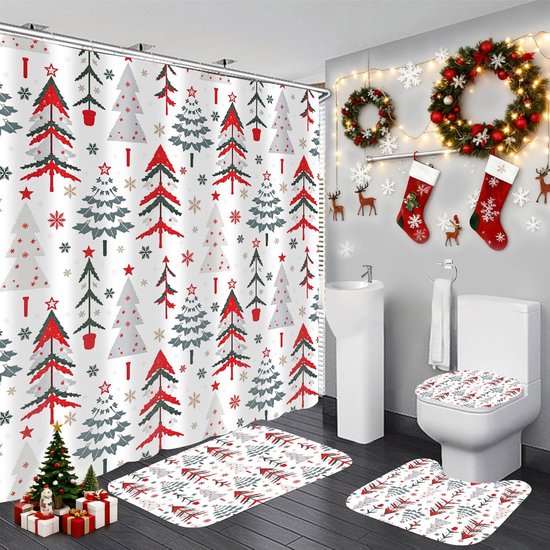 4-teiliges Weihnachtsduschvorhang-set Badezimmerdekoration Im Weihnachtsbaum-design Wasserdichter Duschvorhang Badematten Toilettenartikel Haken