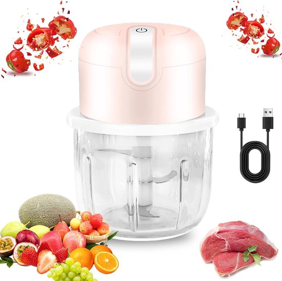 Elektrischer Mini-zwiebelschneider Mit Usb-anschluss – 250 Ml – Wiederaufladbar – Klinge Aus Edelstahl – Rosa