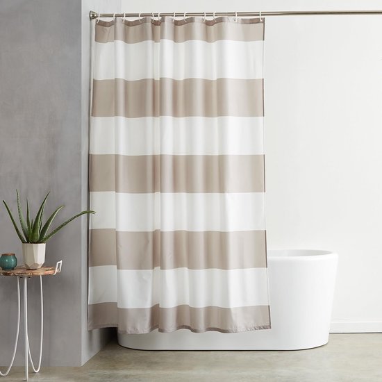 Duschvorhang – 180 X 180 Cm, Beige Gestreift, Wasserdicht, Schimmelresistent, Mit Ösen Und Haken, Maschinenwaschbar
