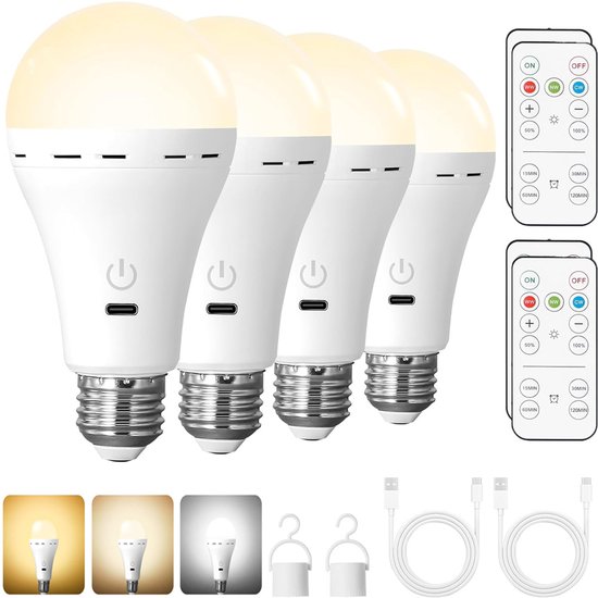 4 E27-led-lampen Wiederaufladbarer Akku Mit Fernbedienung Dimmbare Lampe Mit Timerfunktion 3 Farbtemperaturen Notbeleuchtung Für Den Innen Und
