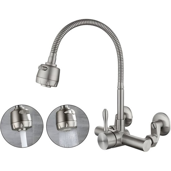 Küchen-wandarmatur – Lebensmittelechter Edelstahl 304 – 360° Drehbar – Für Doppelspülen – Lochabstand 12–18 Cm – Silber – 1 Stück