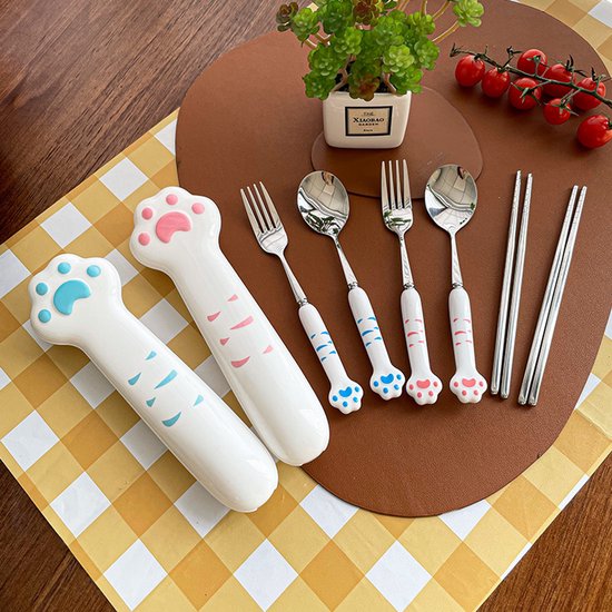 2-teiliges Katzenpfoten-essstäbchen-set Katzenpfoten-essstäbchen-besteckset Aus Edelstahl Wiederverwendbares Gabel Und Löffelset Aus Edelstahl Rosa