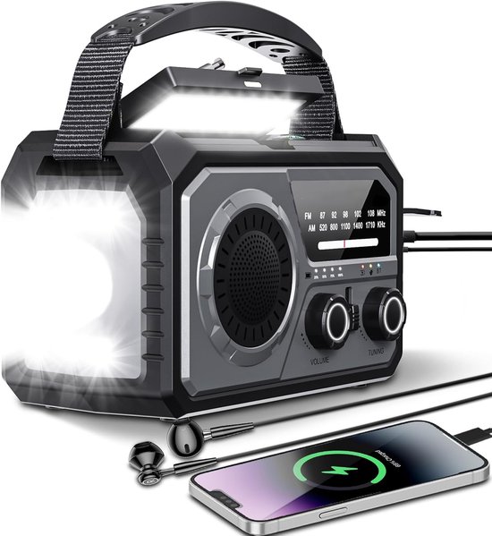 Notradio Tragbares Notradio 16000 Mah Solar Manueller Akku Am Fm Kompass Usb-handyladegerät Led-taschenlampe Sos-alarm Geeignet Für Camping Und Grau