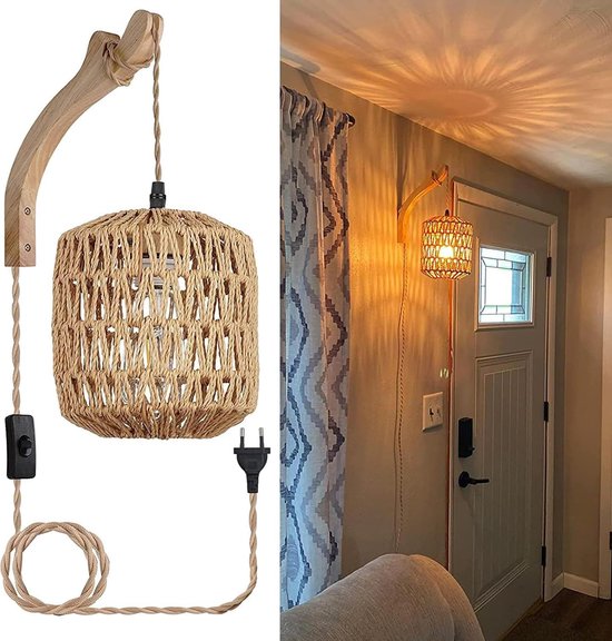Wandleuchte Aus Holz Für Den Innenbereich Vintage-wandleuchte Mit Lampenschirm Aus Geflochtenem Rattan E27 Retro-wandleuchte Mit Schalter Und Für