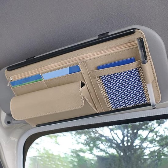 Brillenhalter Fürs Auto – Organizer Für Die Sonnenblende, Aufbewahrungstasche Fürs Auto, Aufbewahrungstasche Aus Leder Für Karten, Stifte, Brille (beige)