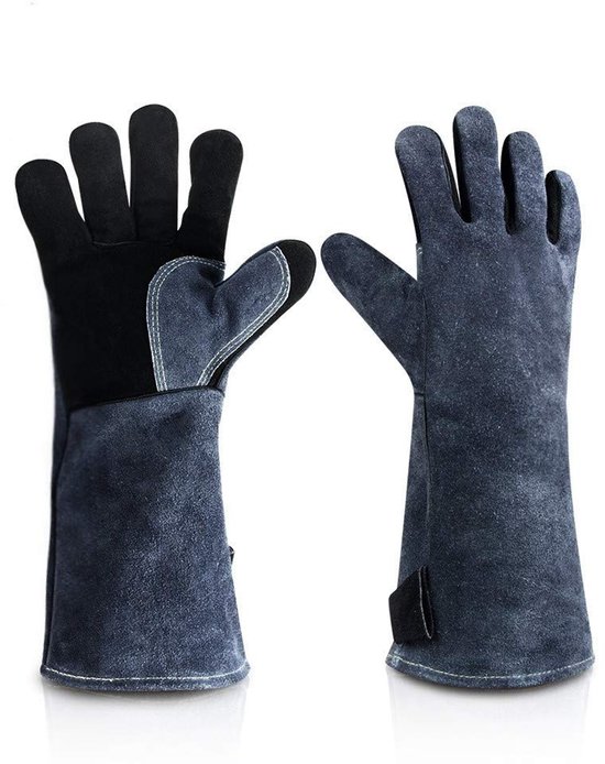 1 Paar Hitzebeständige Handschuhe Für Grill, Holzofen, Kamin, Backofen, Schweißen, Hohe Temperaturen, Lange Lederhandschuhe