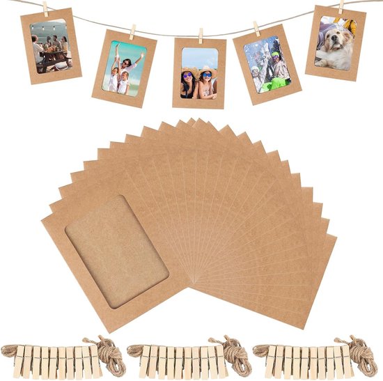 Allecto Plus – 30 Fotorahmen Aus Kraftpapier (152 X 115 Cm) Zum Basteln – Fotogirlande Zur Wanddekoration Mit Holzklammern Und Hanfseil