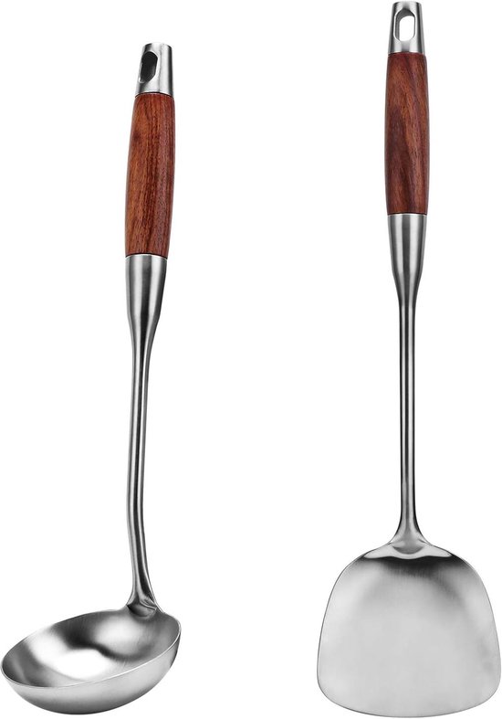 2-teiliges Küchenhelfer-set – Wok-pfannenwender Und Suppenkelle – Edelstahl – Langer, Hitzebeständiger Holzgriff